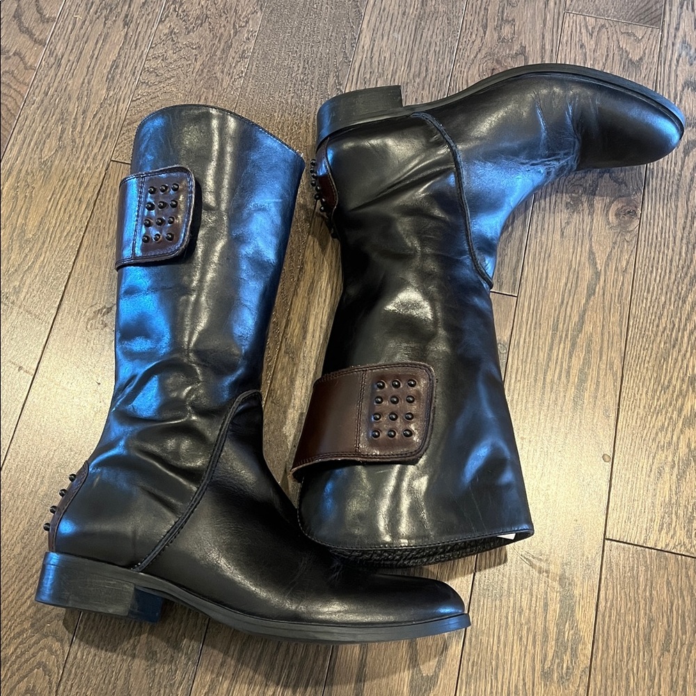 Black Italian Leather Studded Riding Boots Made in Italy. Mid calf High
